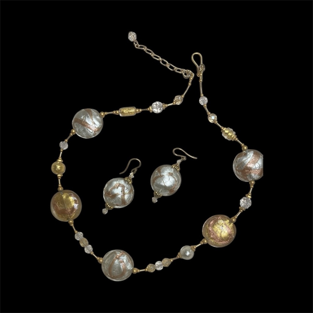 Murano glass Rose Gold, Gold and Silver Beaded Necklace and Earring Set